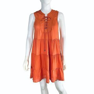 Give Her Six Women’s Small Orange Tie Ruffle Tiered Mini Dress Sleeveless